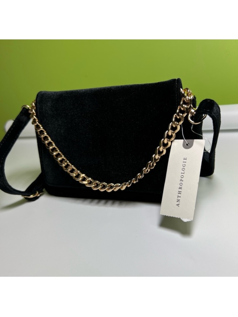Anthropologie black velvet mini purse gold tone chain NWT - Picture 4 of 10